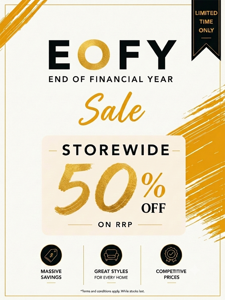 End of Financial Year sale banner with 50% off text on a white background