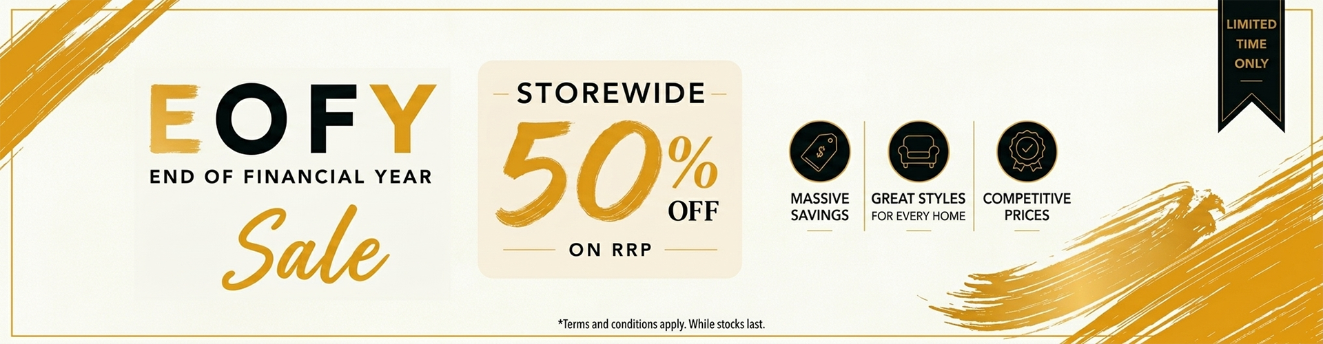 End of Financial Year sale banner with 50% off text on a white background