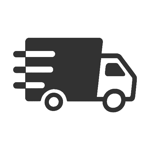 Black silhouette of a delivery truck with speed lines on a white background
